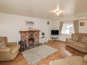 a living room with a fireplace and a tv at Shaws Hill Farmhouse in Ballymena