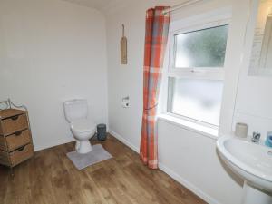 a bathroom with a toilet and a sink and a window at Shaws Hill Farmhouse in Ballymena +15 photos
