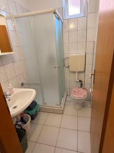 a bathroom with a shower and a toilet and a sink at Apartment 39 in Vir +40 photos