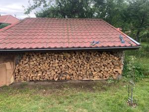 a pile of fire wood next to a building with a red roof at Dacza Warmińska, domek letniskowy na jeziorem in Sząbruk