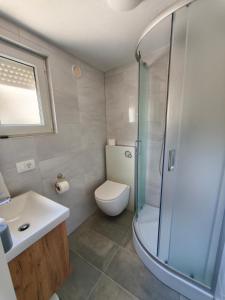 a bathroom with a toilet and a shower and a sink at Apartments Šešo B in Pag