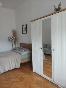 a bedroom with a bed and a large closet at Apartamenty Stare Miasto Boho Parking in Nowy Sącz