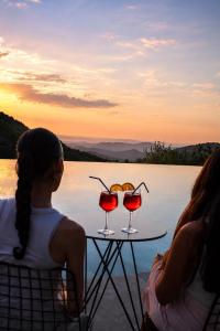 two women sitting at a table with two glasses of wine at Bujtina Kapinova in Berat