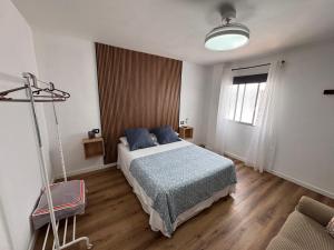 a bedroom with a bed with blue pillows and a window at Casa Rosales in La Orotava