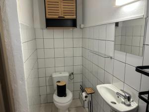 a small bathroom with a toilet and a sink at Studio Relais Les Abymes in Les Abymes