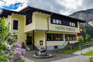 ein Hotel in den Bergen mit einem Gebäude in der Unterkunft Hotel Forelle in Plansee