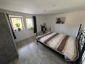 a bedroom with a bed and two windows at Dorfquartier am Gut in Remstädt