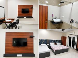 a collage of four pictures of a hotel room at Hotel Atlas in Raigarh