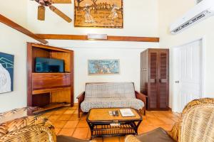 a living room with a couch and a tv at Condo #26 @ Beachside Villas in Placencia