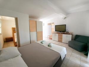 a room with a bed and a couch and a television at Apartments Šešo C in Pag