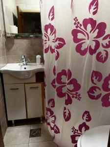 a bathroom with a sink and a shower curtain at Cozy studio in Budva in Budva