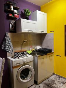 a small kitchen with a washing machine and a sink at Cozy studio in Budva in Budva