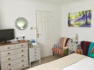 a bedroom with a bed and a dresser and a tv at Stepping Stones B&B in Lymington