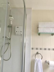 a bathroom with a shower and a towel on a rack at Stepping Stones B&B in Lymington