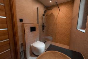 a small bathroom with a toilet and a shower at Sploty Lasu u stóp Lubonia - Domki z Jacuzzi in Rabka-Zdrój +22 photos