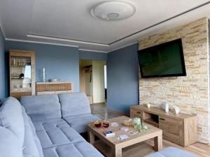 a living room with a couch and a flat screen tv at Apartament Sudeckie Kamyki in Głuszyca