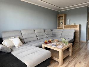 a living room with a couch and a table at Apartament Sudeckie Kamyki in Głuszyca