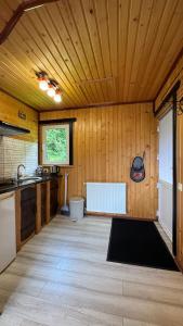 a kitchen with wooden walls and a wooden ceiling at Demyaniv House in Tatariv +6 photos