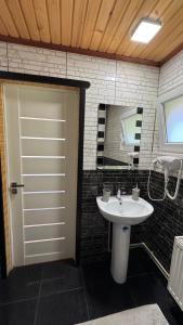 a bathroom with a white sink and a door at Demyaniv House in Tatariv