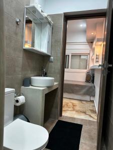 a small bathroom with a toilet and a sink at Bazakos Luxury Kampi Beach Studio 2 in Fournoi