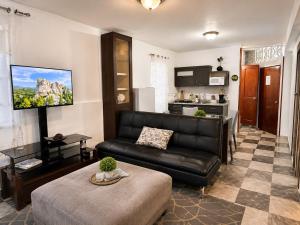 a living room with a black leather couch and a kitchen at Natural Village ROOM #1,2,3 & 5 in San Juan