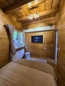 a bedroom with a bed and a flat screen tv at Cabana BBO - Jacuzzi, TV and Terasse in Colibiţa