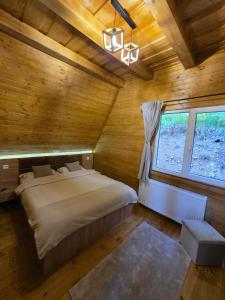 a bedroom with a bed in a wooden room at Cabana BBO - Jacuzzi, TV and Terasse in Colibiţa