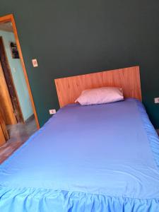 a bed with a blue bedsheet and a pink pillow at Departamento amplio in Fernando de la Mora