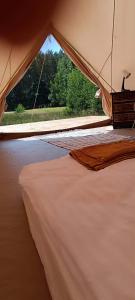 a view from inside a tent with a window at Siedlisko Stasin in Trojanów