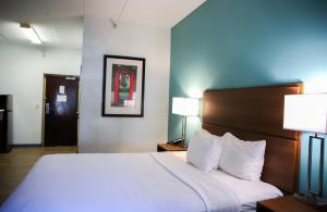 a large bed in a hotel room with two lamps at MainStay Suites Chicago Hillside in Hillside +19 photos