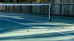 two tennis balls sitting on a tennis court at Alma Maraú - Praia do Cassange in Marau