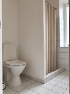a white bathroom with a toilet and a window at NØ -Central Apartment Odense C in Odense +1 photo
