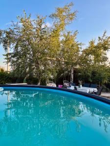 a swimming pool with blue water in a yard at Cozy Green Escape in Kakanj
