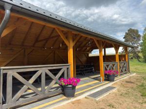 a wooden pavilion with two potted plants on the porch at Dolina snów in Kruklanki