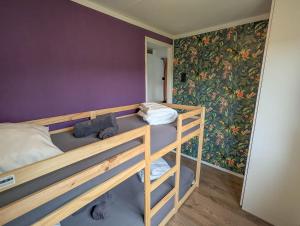 a room with two bunk beds and a floral wall at Chalet Siësta in Anloo - Next to the forest in Anloo