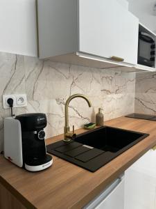a kitchen counter with a coffee maker and a sink at Studio hesperides in Balaruc-les-Bains +2 photos
