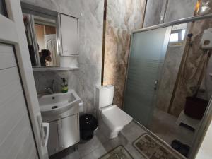 a bathroom with a toilet and a sink and a shower at Sağlık Apart Pansiyon in Erdek +158 photos