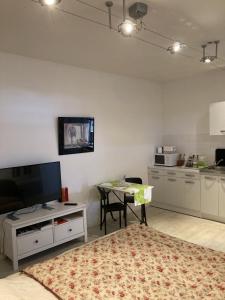 a living room with a table and a tv and a kitchen at STUDIO hyper centre in Bagnoles de l'Orne