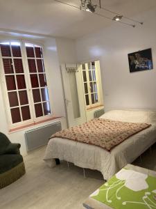 a bedroom with a bed and two windows at STUDIO hyper centre in Bagnoles de l'Orne