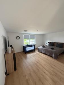 a bedroom with a bed and a television in it at Strandhaus Störtebeker in Koserow