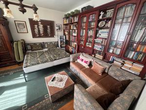 a living room with couches and bookshelves at Egry Rooms in Veszprém