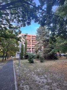 a building in a park with trees and a sidewalk at Egry Rooms in Veszprém