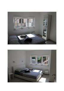 two pictures of a bedroom with a bed and two windows at Villa Noah Apartement 2 in Novi Vinodolski