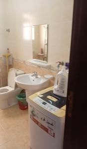 a bathroom with a sink and a toilet and a mirror at صلاله الدهاريز الجنوبيه in Daḩārīz