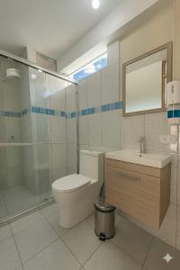 a bathroom with a toilet and a sink and a shower at Hospedaje Shalom in Pisac