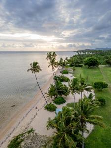an aerial view of a beach with palm trees at Sigasiga Sands Boutique Bungalows in Savusavu