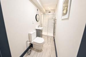 a small bathroom with a toilet and a shower at Amazing City Centre Apartment in Derby