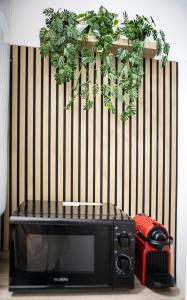 a black microwave with a plant hanging over it at Metropolitano Guesthouse in Madrid