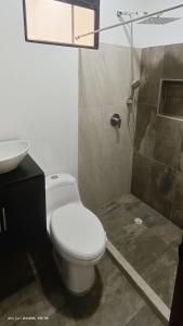 a bathroom with a toilet and a sink and a shower at apartamento dúplex con balcón y central in Estación El Salto +6 photos