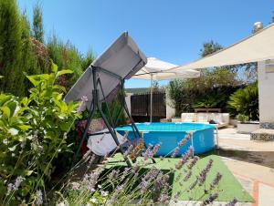 a garden with a pool and an umbrella at Ca La Morancica in Yátova